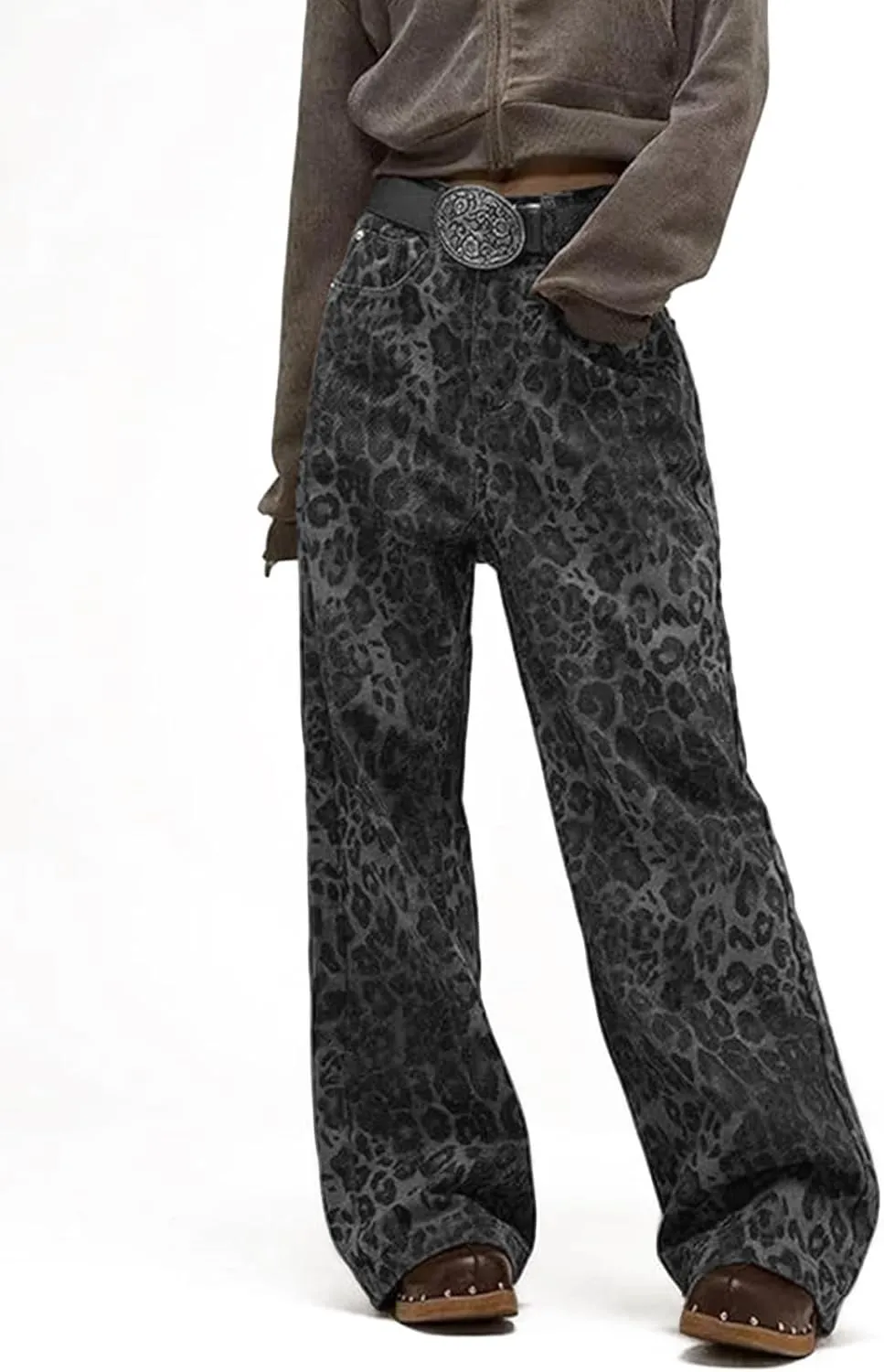 LONGBIDA Leopard Print Y2K Pants Womens Baggy Wide Leg Jeans with Pockets High Waisted