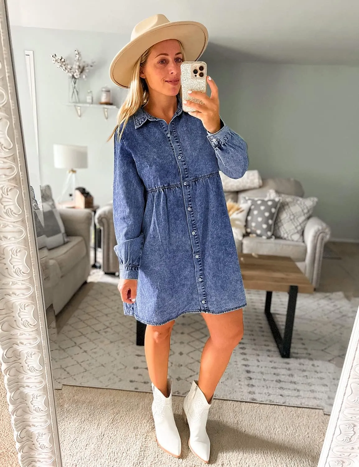 LookbookStore Long Sleeve Denim Dress for Women Jean Dress Button Down Casual Babydoll Denim Shirt Dress