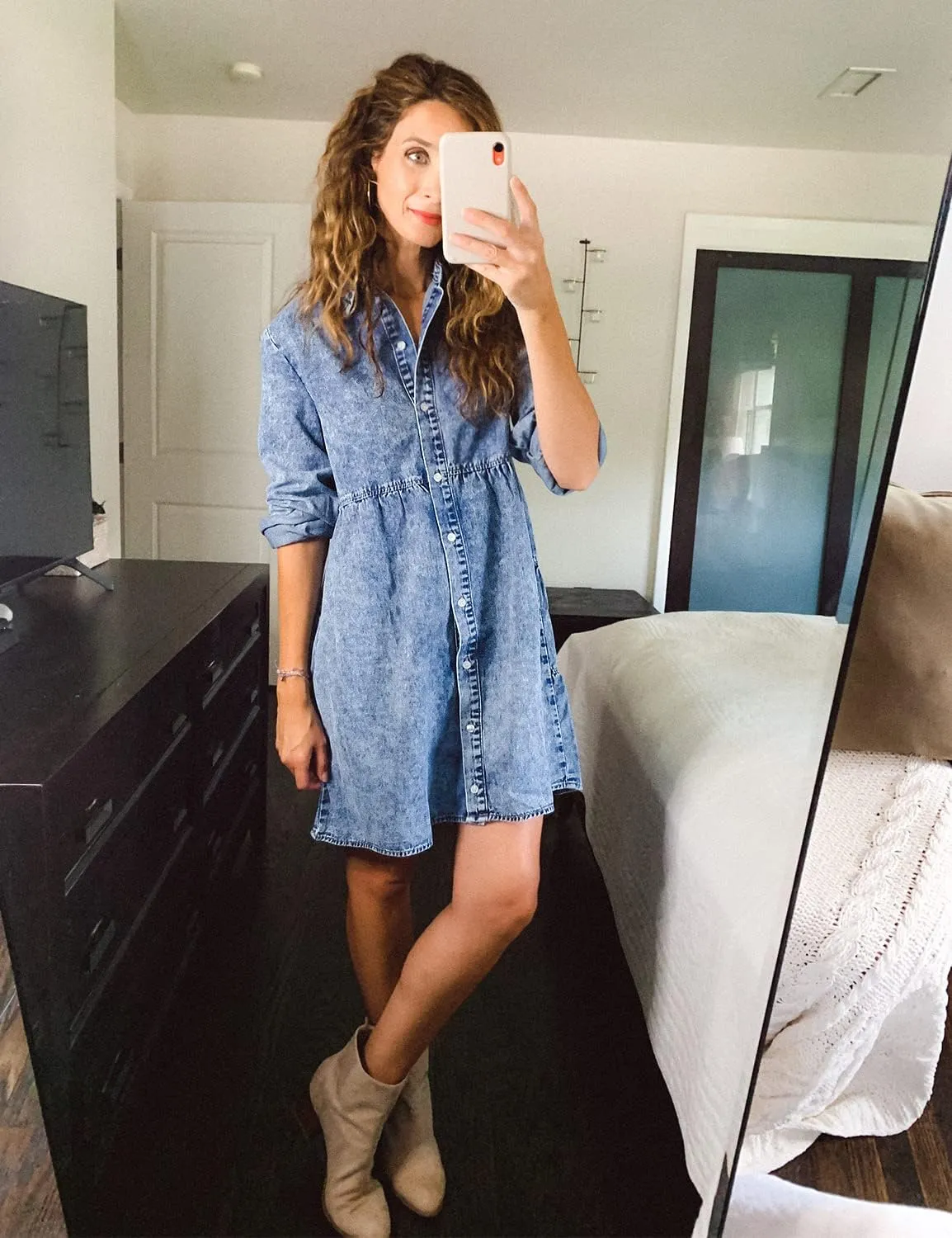 LookbookStore Long Sleeve Denim Dress for Women Jean Dress Button Down Casual Babydoll Denim Shirt Dress