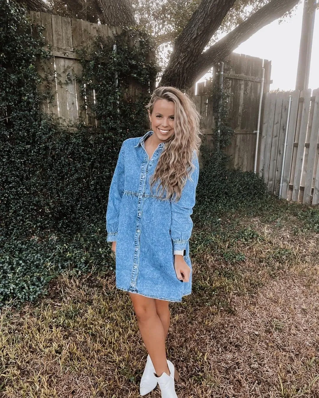 LookbookStore Long Sleeve Denim Dress for Women Jean Dress Button Down Casual Babydoll Denim Shirt Dress