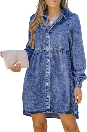 LookbookStore Long Sleeve Denim Dress for Women Jean Dress Button Down Casual Babydoll Denim Shirt Dress
