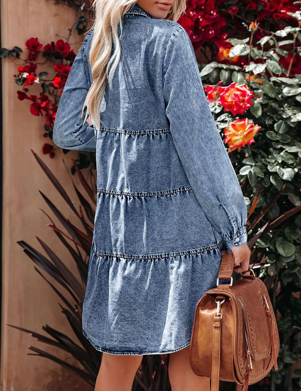 LookbookStore Long Sleeve Denim Dress for Women Jean Dress Button Down Casual Babydoll Denim Shirt Dress