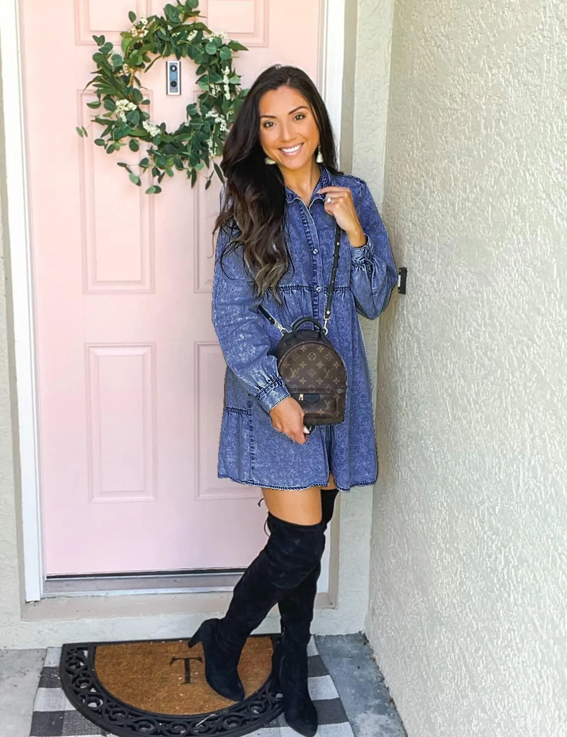 LookbookStore Long Sleeve Denim Dress for Women Jean Dress Button Down Casual Babydoll Denim Shirt Dress