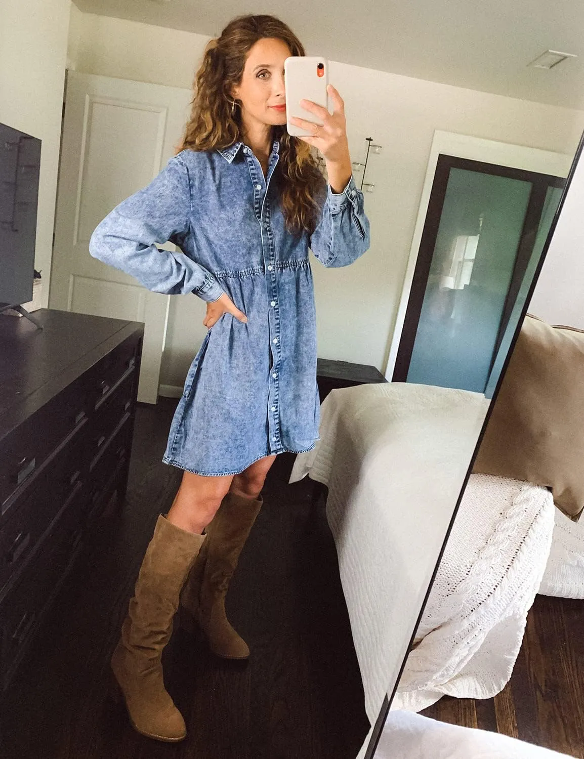 LookbookStore Long Sleeve Denim Dress for Women Jean Dress Button Down Casual Babydoll Denim Shirt Dress