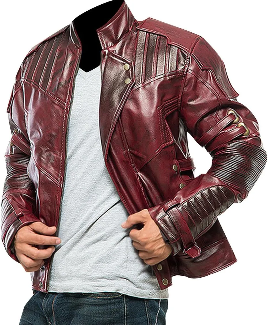 LP-FACON Mens Star Biker Maroon Halloween Cosplay Costume Leather Jacket Faux/Real