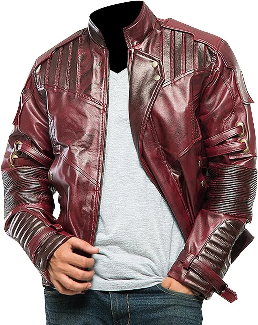 LP-FACON Mens Star Biker Maroon Halloween Cosplay Costume Leather Jacket Faux/Real