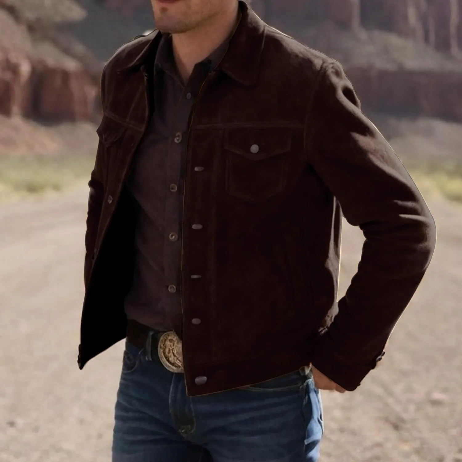 LP-FACON Mens Trucker Suede Leather Jacket - Western Style Cowboy Leather Jacket Brown/Black