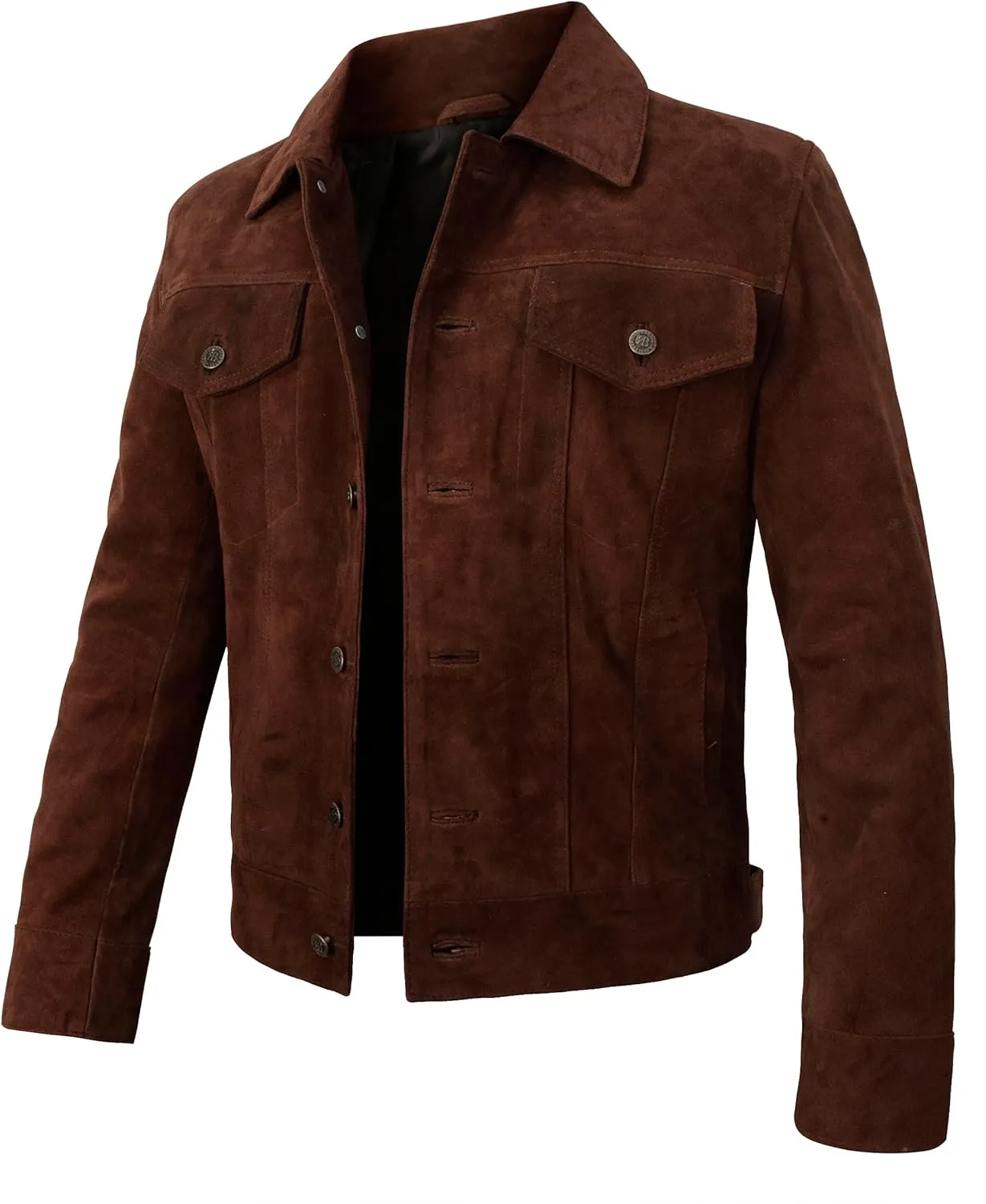 LP-FACON Mens Trucker Suede Leather Jacket - Western Style Cowboy Leather Jacket Brown/Black