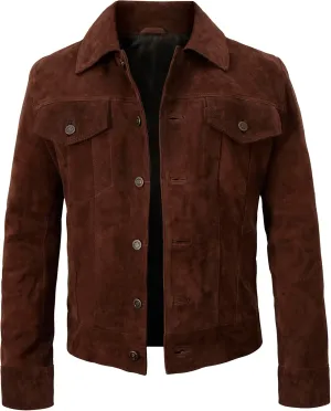 LP-FACON Mens Trucker Suede Leather Jacket - Western Style Cowboy Leather Jacket Brown/Black