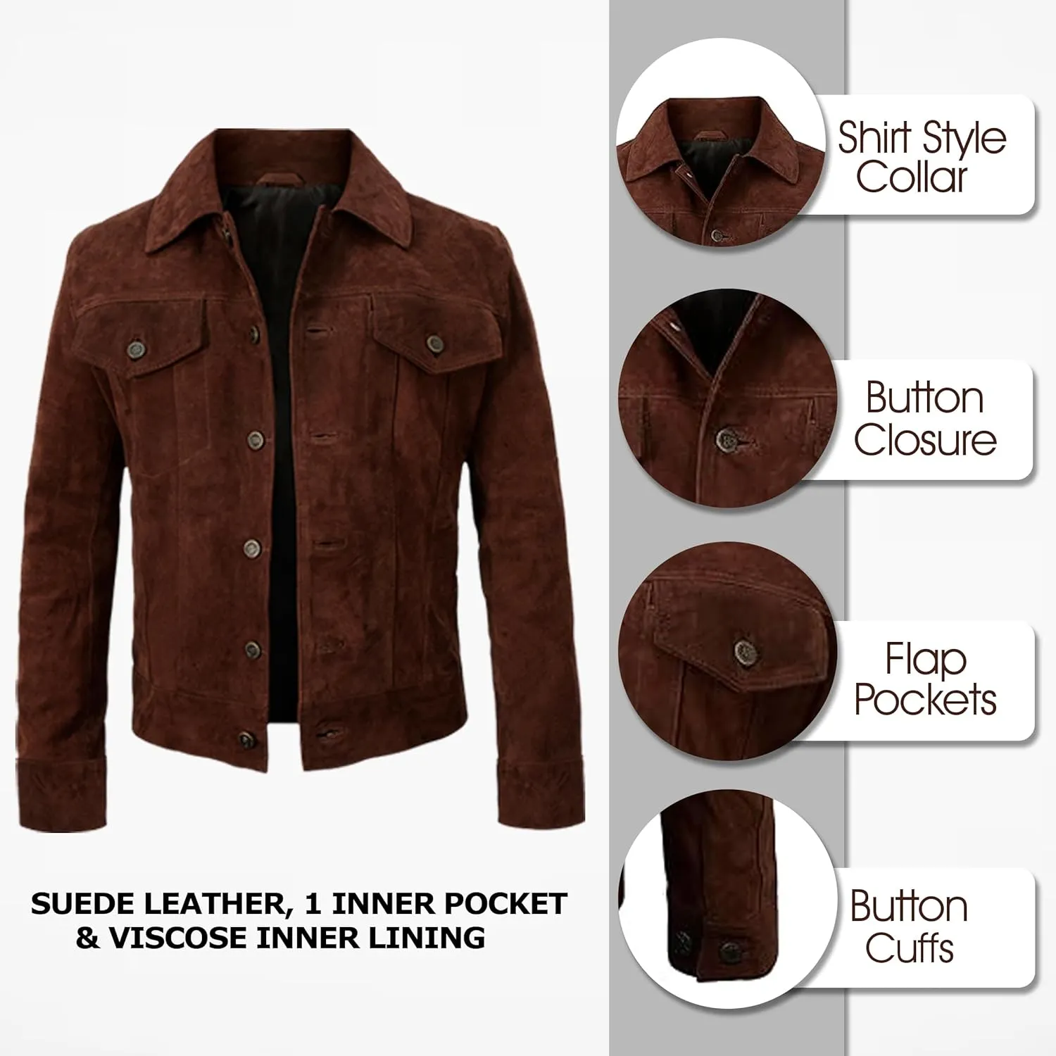 LP-FACON Mens Trucker Suede Leather Jacket - Western Style Cowboy Leather Jacket Brown/Black