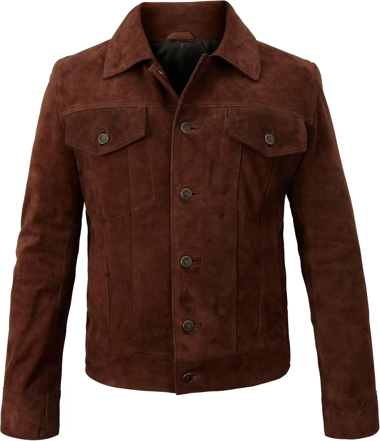 LP-FACON Mens Trucker Suede Leather Jacket - Western Style Cowboy Leather Jacket Brown/Black