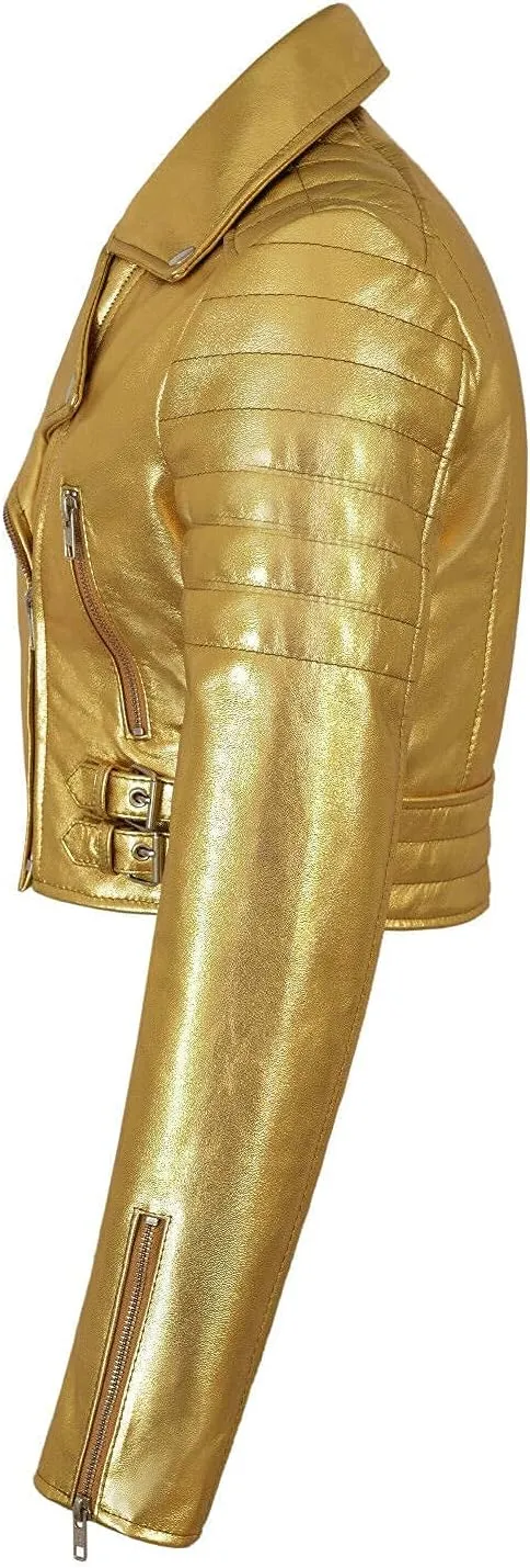 LP-FACON Womens Foil Metallic Short Body Brando Punk Motorcycle Biker Crop Leather Jacket Golden/Silver