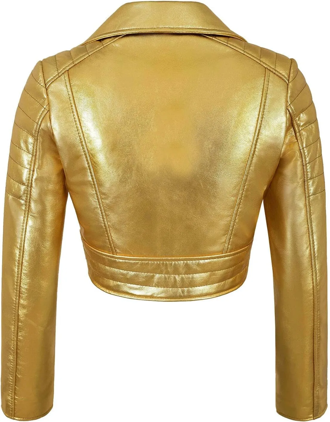 LP-FACON Womens Foil Metallic Short Body Brando Punk Motorcycle Biker Crop Leather Jacket Golden/Silver