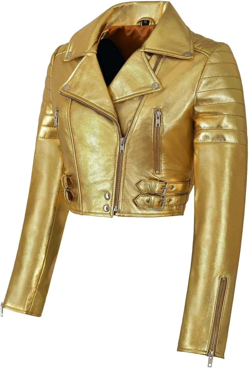LP-FACON Womens Foil Metallic Short Body Brando Punk Motorcycle Biker Crop Leather Jacket Golden/Silver