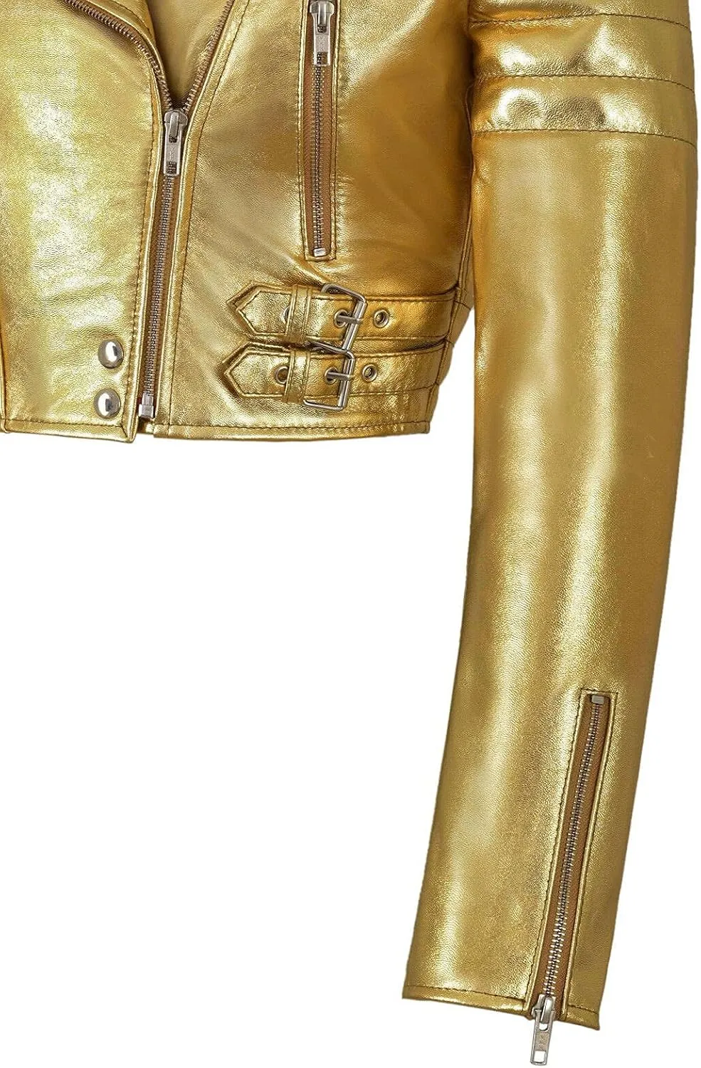 LP-FACON Womens Foil Metallic Short Body Brando Punk Motorcycle Biker Crop Leather Jacket Golden/Silver