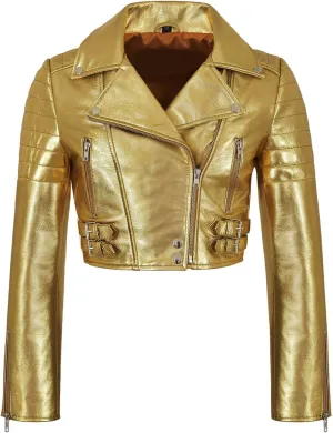 LP-FACON Womens Foil Metallic Short Body Brando Punk Motorcycle Biker Crop Leather Jacket Golden/Silver