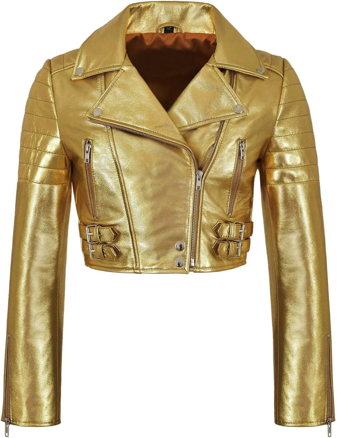 LP-FACON Womens Foil Metallic Short Body Brando Punk Motorcycle Biker Crop Leather Jacket Golden/Silver
