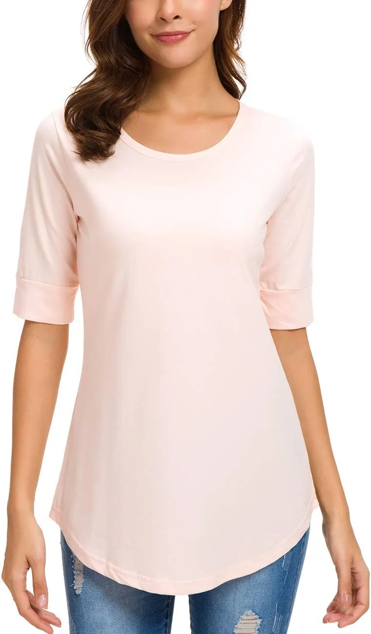 LUSMAY Womens Cotton Tops Summer Casual Fitted T Shirt Half Sleeve Tunic Comfy Tee