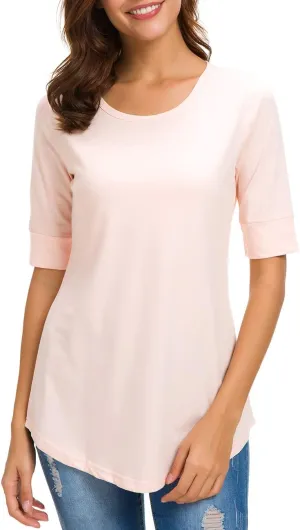 LUSMAY Womens Cotton Tops Summer Casual Fitted T Shirt Half Sleeve Tunic Comfy Tee