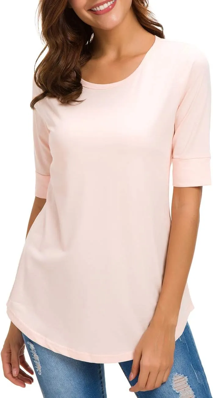 LUSMAY Womens Cotton Tops Summer Casual Fitted T Shirt Half Sleeve Tunic Comfy Tee