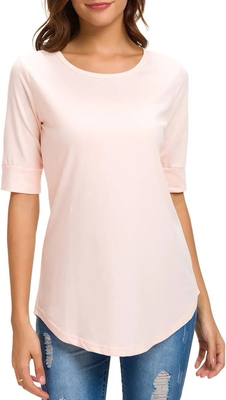 LUSMAY Womens Cotton Tops Summer Casual Fitted T Shirt Half Sleeve Tunic Comfy Tee