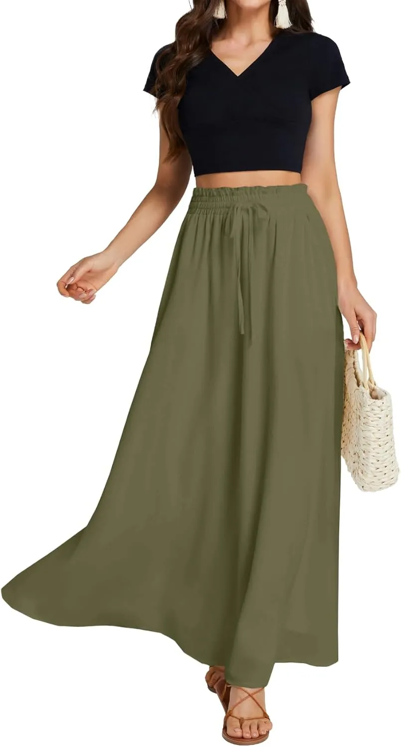 LYANER Women's Shirred Smocked Frill Drawstring Pleated High Waist Solid Maxi Skirt