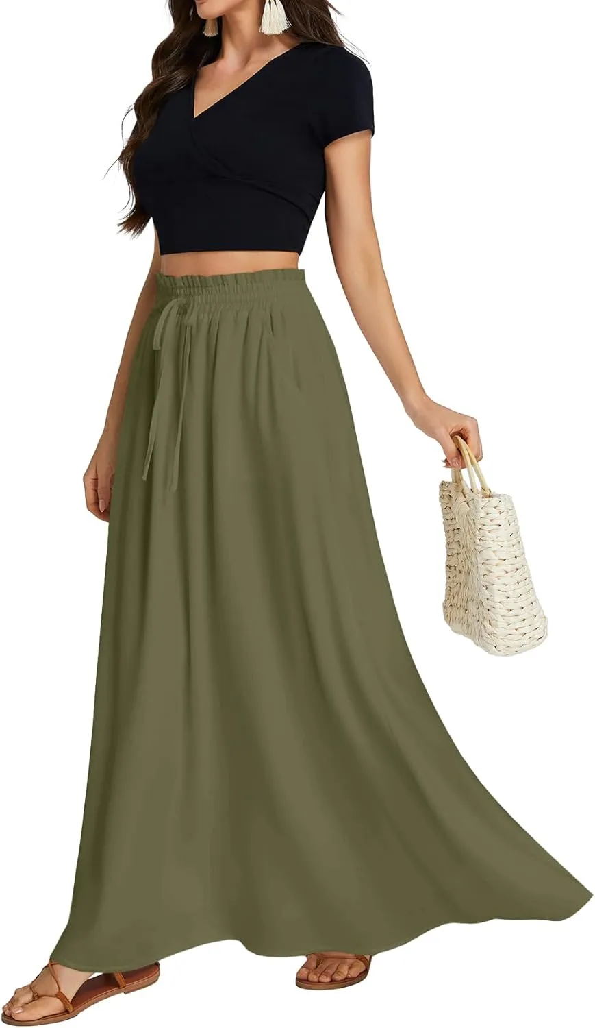 LYANER Women's Shirred Smocked Frill Drawstring Pleated High Waist Solid Maxi Skirt