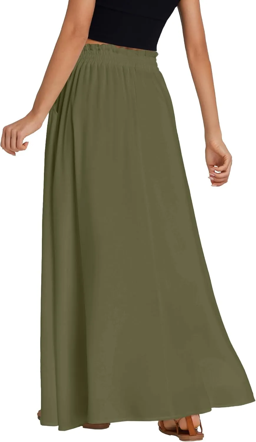 LYANER Women's Shirred Smocked Frill Drawstring Pleated High Waist Solid Maxi Skirt