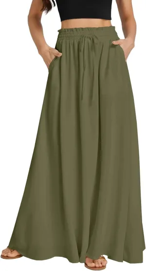 LYANER Women's Shirred Smocked Frill Drawstring Pleated High Waist Solid Maxi Skirt