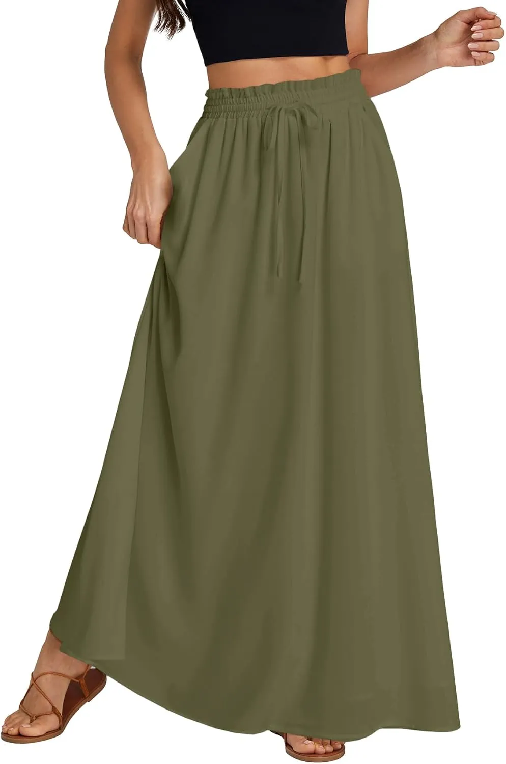 LYANER Women's Shirred Smocked Frill Drawstring Pleated High Waist Solid Maxi Skirt