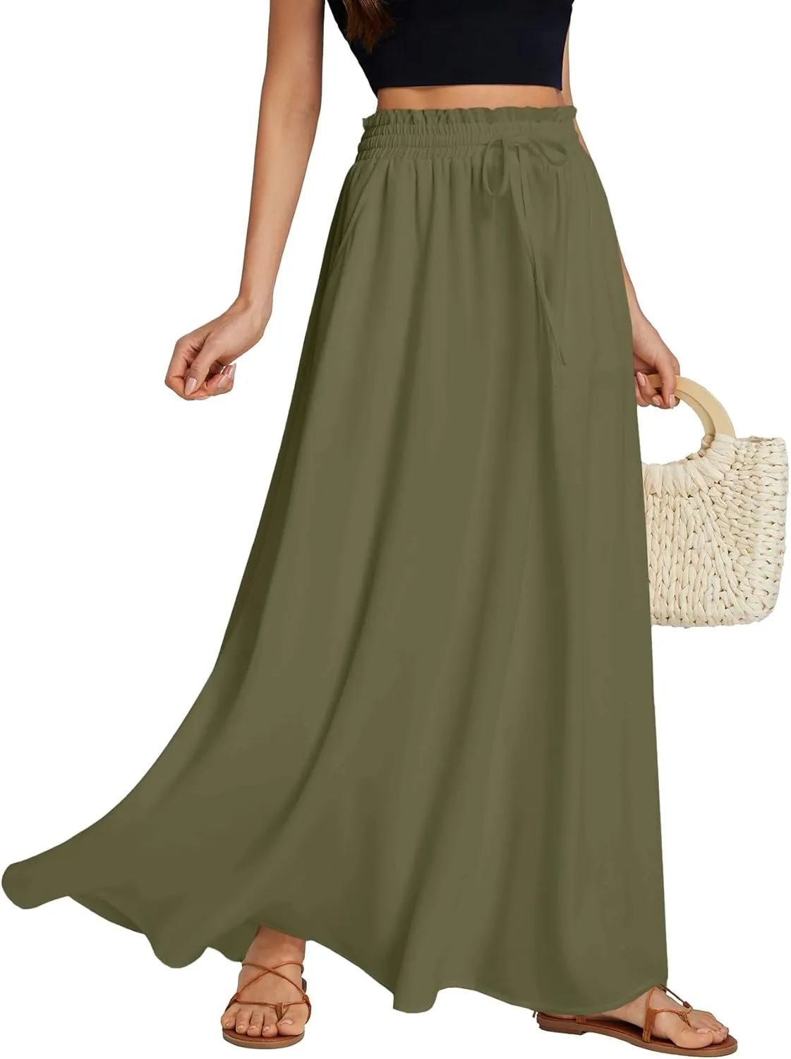 LYANER Women's Shirred Smocked Frill Drawstring Pleated High Waist Solid Maxi Skirt