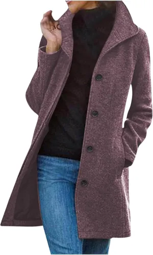 maisdgop Trench Coat Women Faux Wool Single Breasted Pea Coat Mid Length Jackets Oversized Loose Long Sleeve Windbreaker