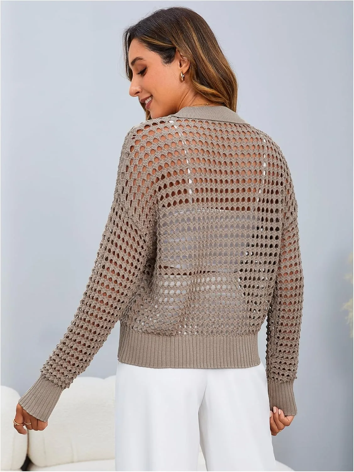 MakeMeChic Women's Button Up Cardigan Sweaters Crochet Hollow Out Open Front Cardigan Tops