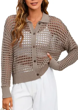 MakeMeChic Women's Button Up Cardigan Sweaters Crochet Hollow Out Open Front Cardigan Tops