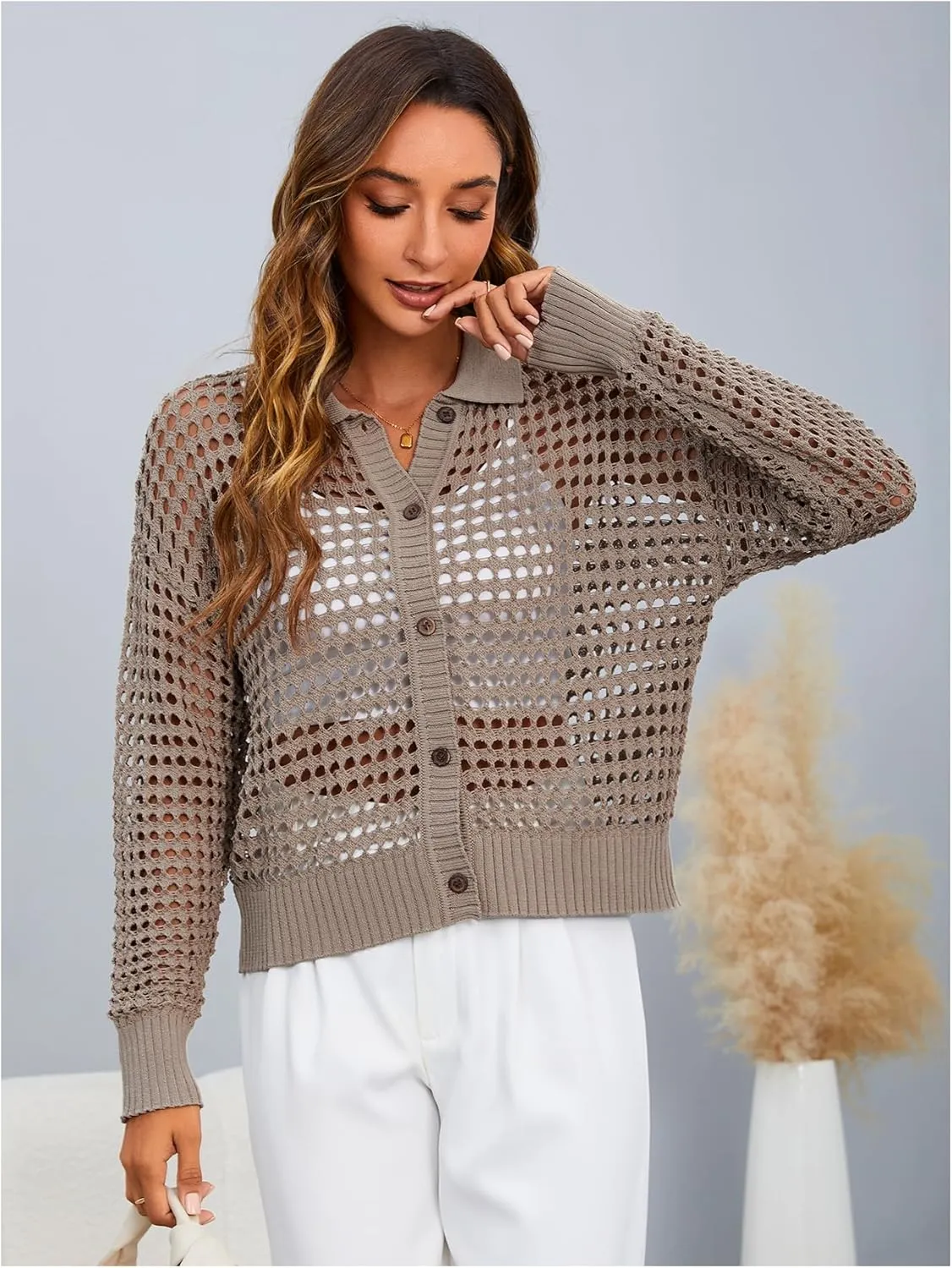 MakeMeChic Women's Button Up Cardigan Sweaters Crochet Hollow Out Open Front Cardigan Tops