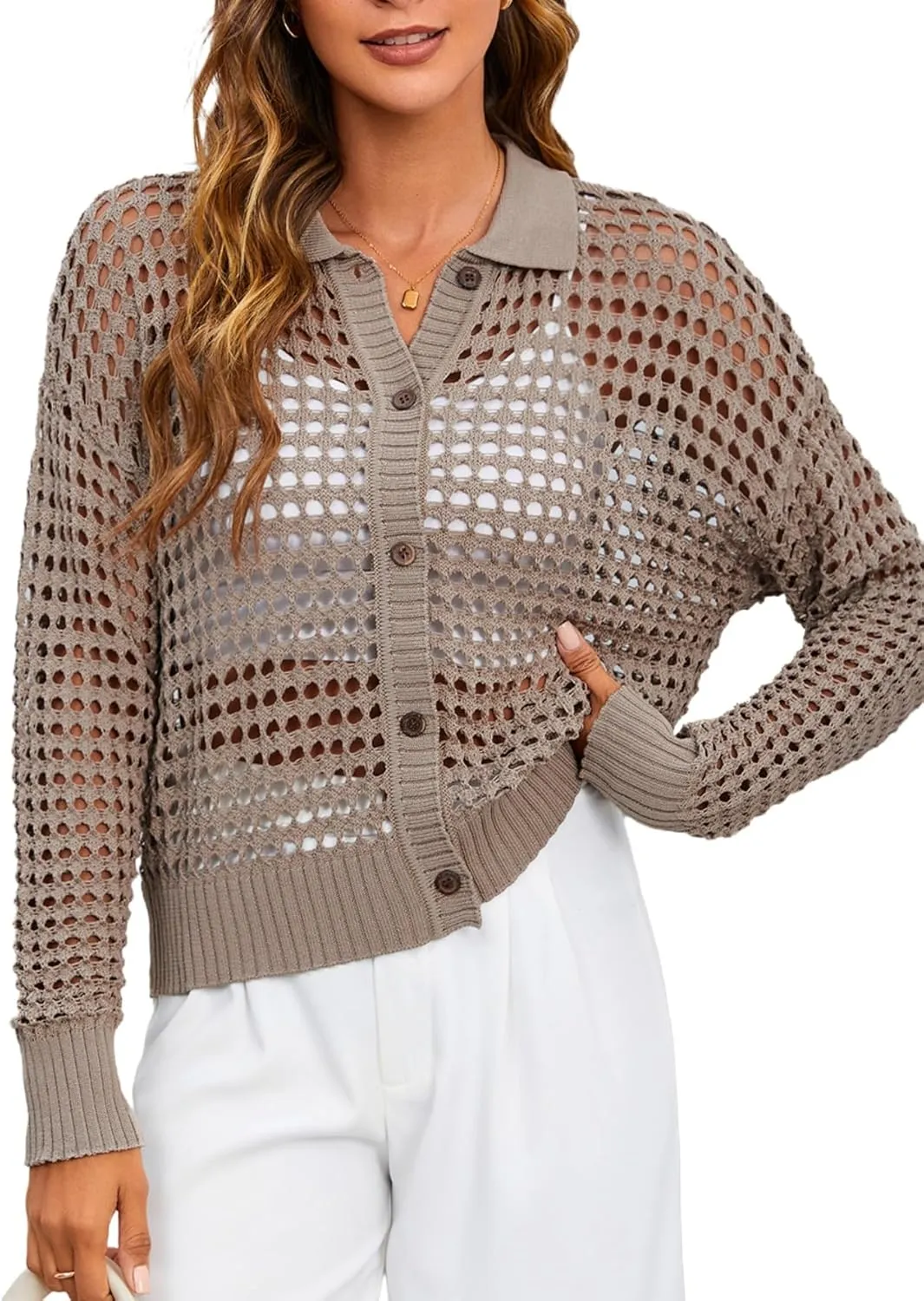 MakeMeChic Women's Button Up Cardigan Sweaters Crochet Hollow Out Open Front Cardigan Tops