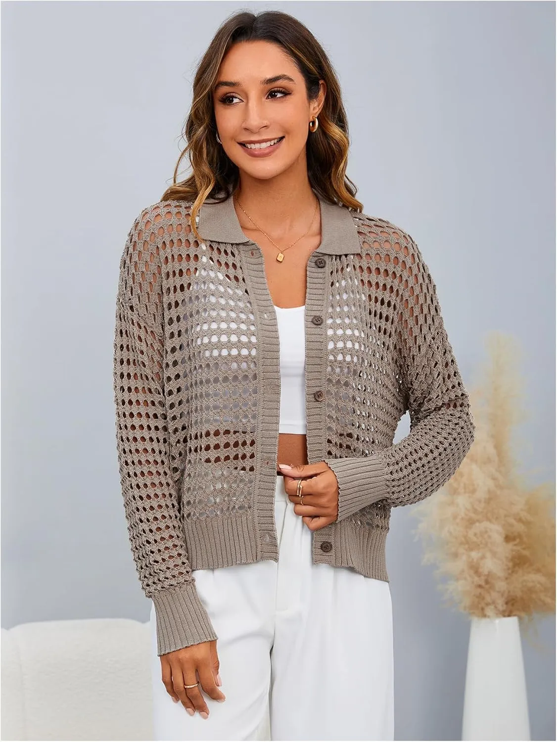 MakeMeChic Women's Button Up Cardigan Sweaters Crochet Hollow Out Open Front Cardigan Tops