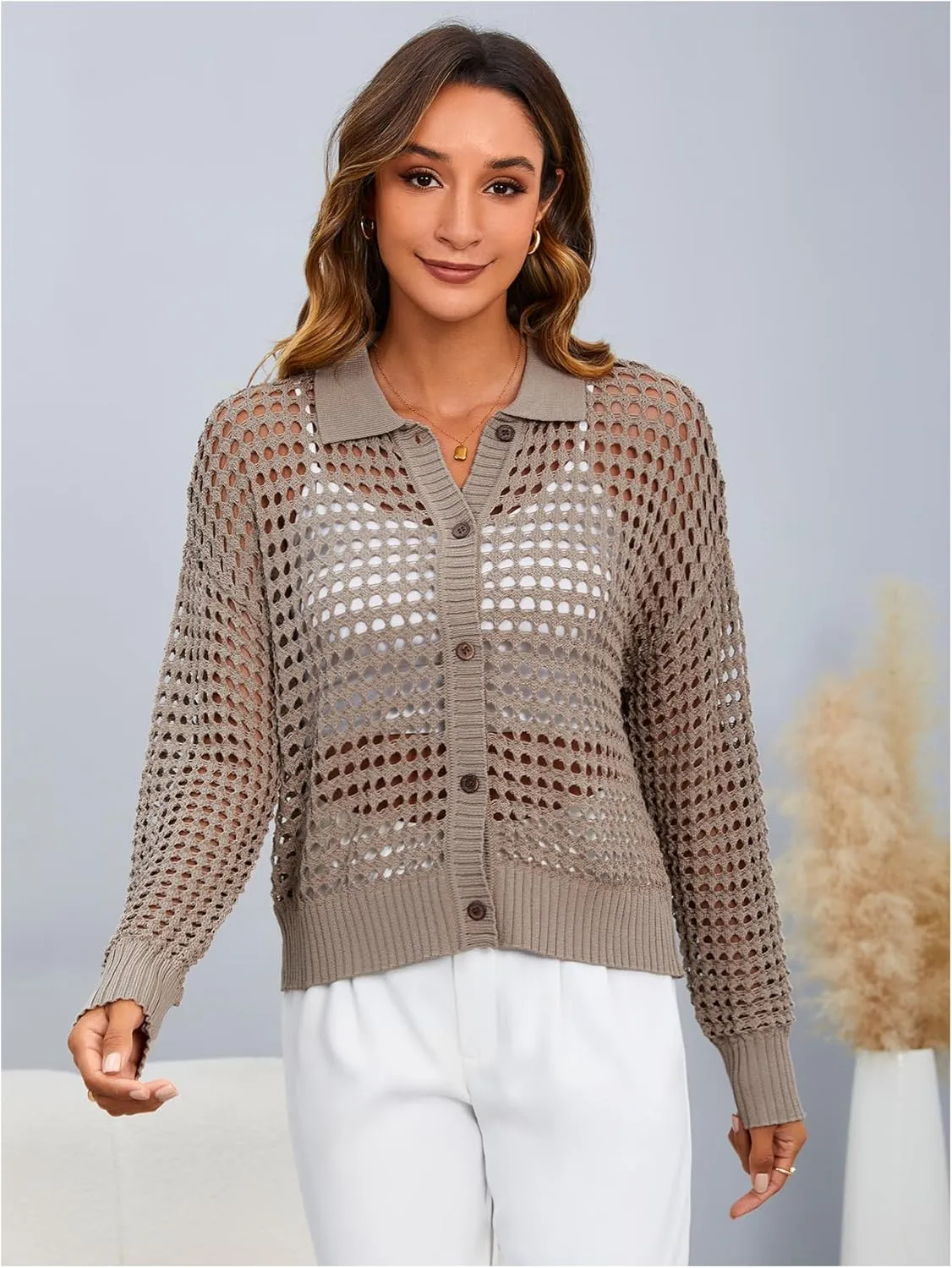 MakeMeChic Women's Button Up Cardigan Sweaters Crochet Hollow Out Open Front Cardigan Tops