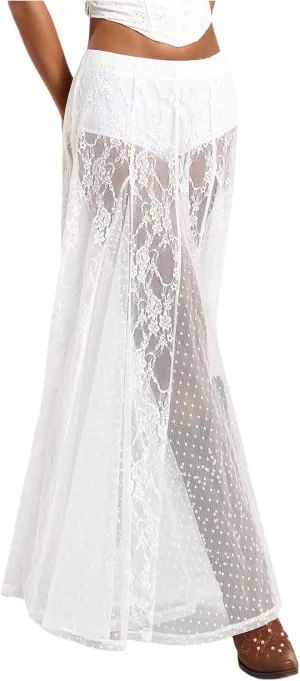 MakeMeChic Women's Floral Lace Sheer Split Thigh A Line Ruffle Summer Maxi Skirts