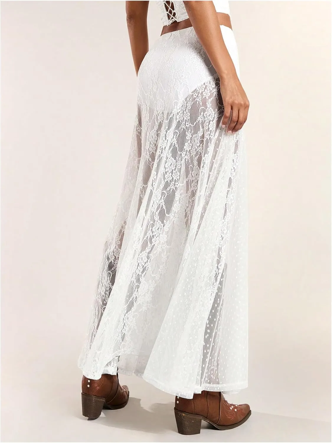 MakeMeChic Women's Floral Lace Sheer Split Thigh A Line Ruffle Summer Maxi Skirts