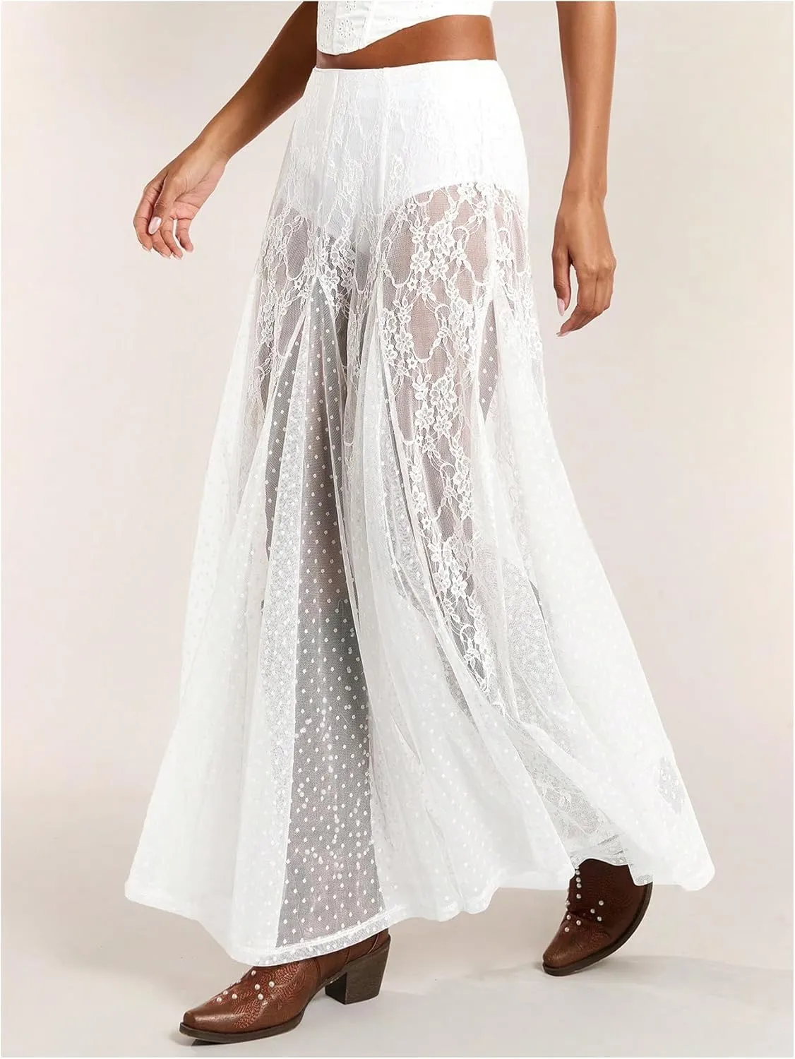 MakeMeChic Women's Floral Lace Sheer Split Thigh A Line Ruffle Summer Maxi Skirts
