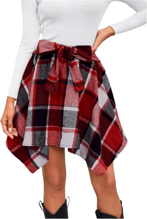 MakeMeChic Women's Plaid Bow Tie Front Skirt Elastic High Waisted Asymmetrical Mini Skirts