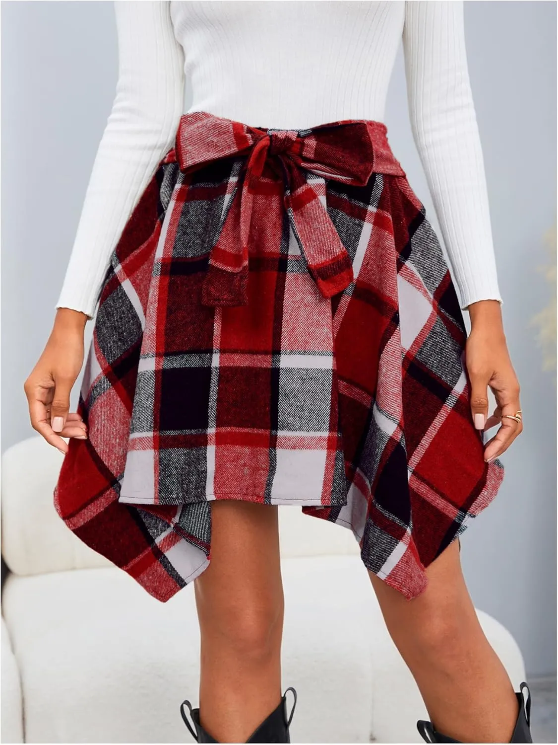 MakeMeChic Women's Plaid Bow Tie Front Skirt Elastic High Waisted Asymmetrical Mini Skirts