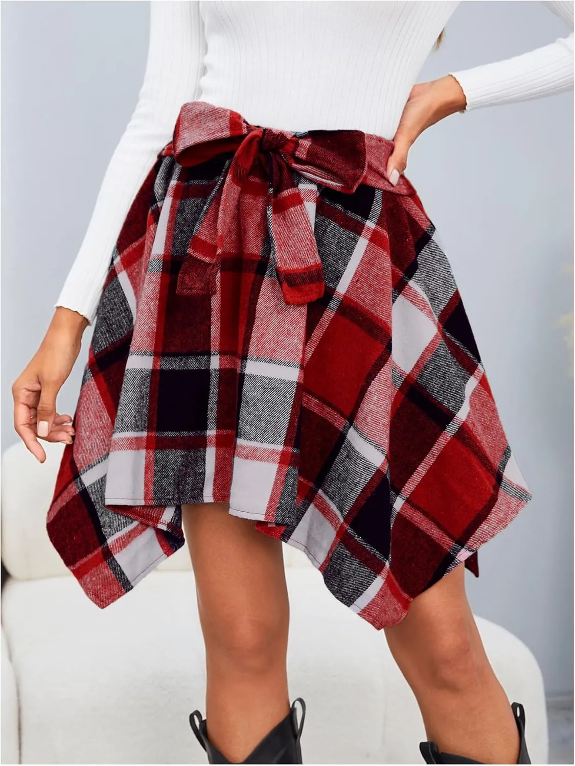 MakeMeChic Women's Plaid Bow Tie Front Skirt Elastic High Waisted Asymmetrical Mini Skirts