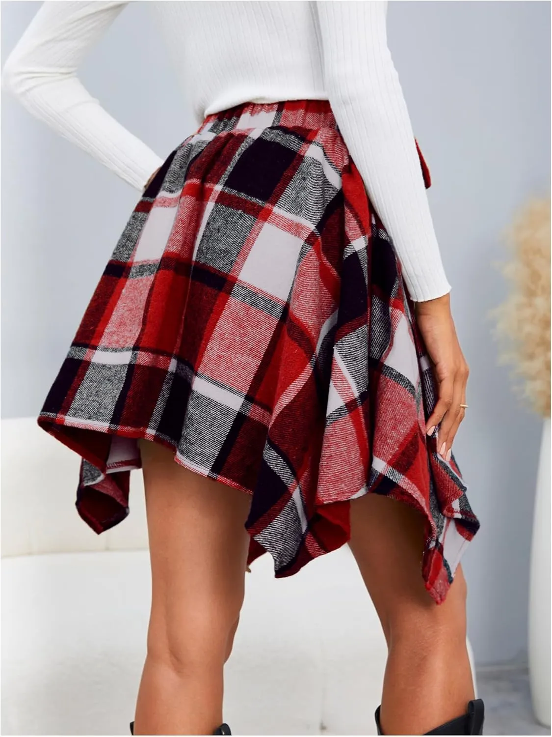 MakeMeChic Women's Plaid Bow Tie Front Skirt Elastic High Waisted Asymmetrical Mini Skirts