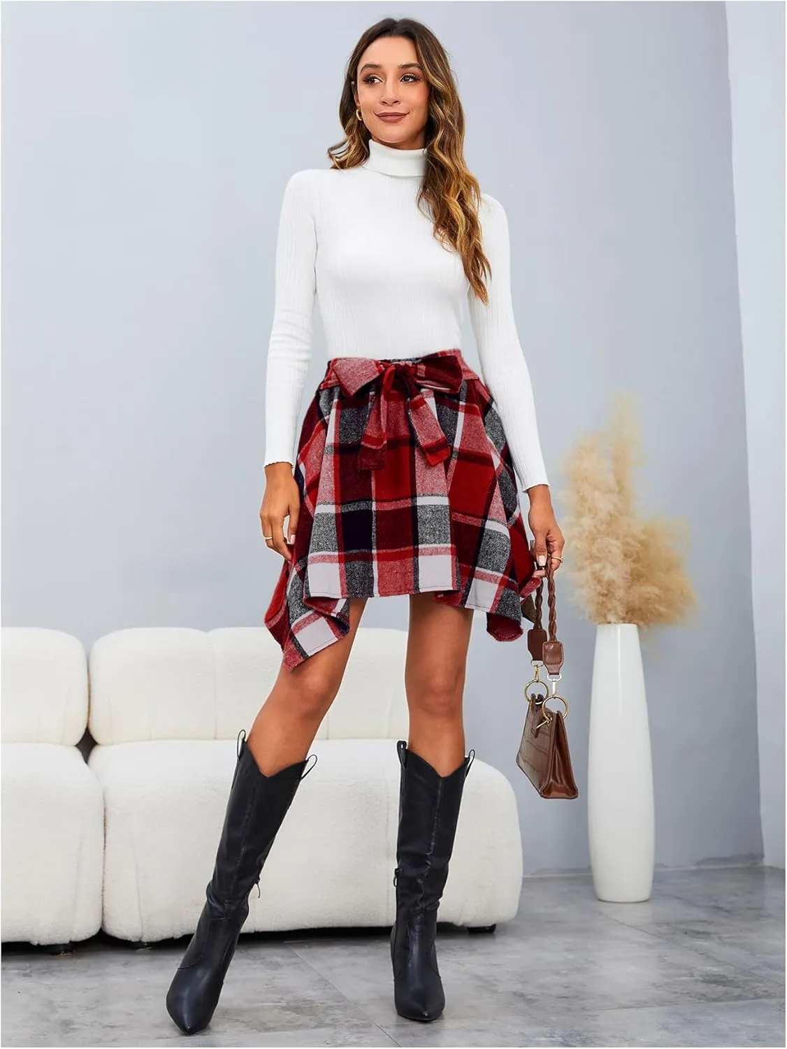 MakeMeChic Women's Plaid Bow Tie Front Skirt Elastic High Waisted Asymmetrical Mini Skirts