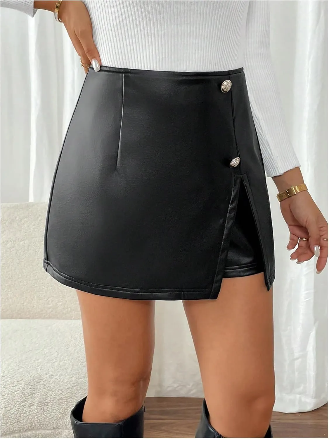 MakeMeChic Women's PU Leather Button Mini Skorts Zip Fly Asymmetrical Split Shorts