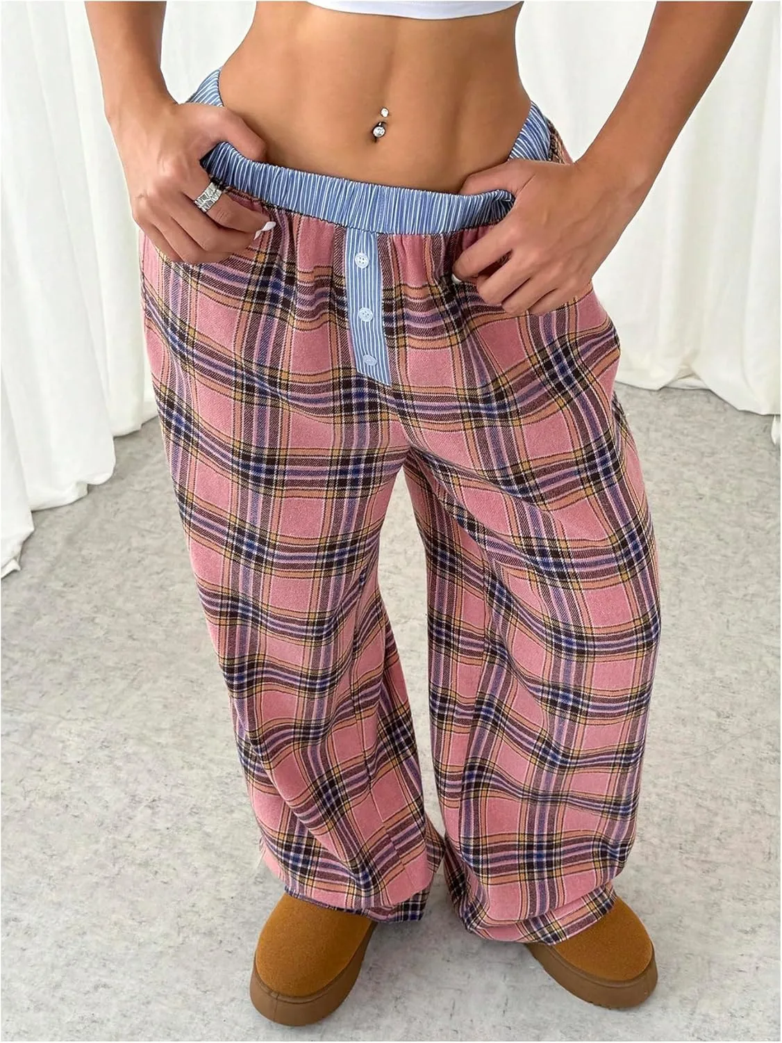 MakeMeChic Women's Y2K Striped Pants Low Rise Elastic Waist Loose Wide Leg Lounge Pant