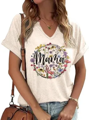 Mama Retro V Neck Shirts for Women Vintage Mama Mommy Mom Bruh Life T Shirts Mother's Day Tops Tee Gifts