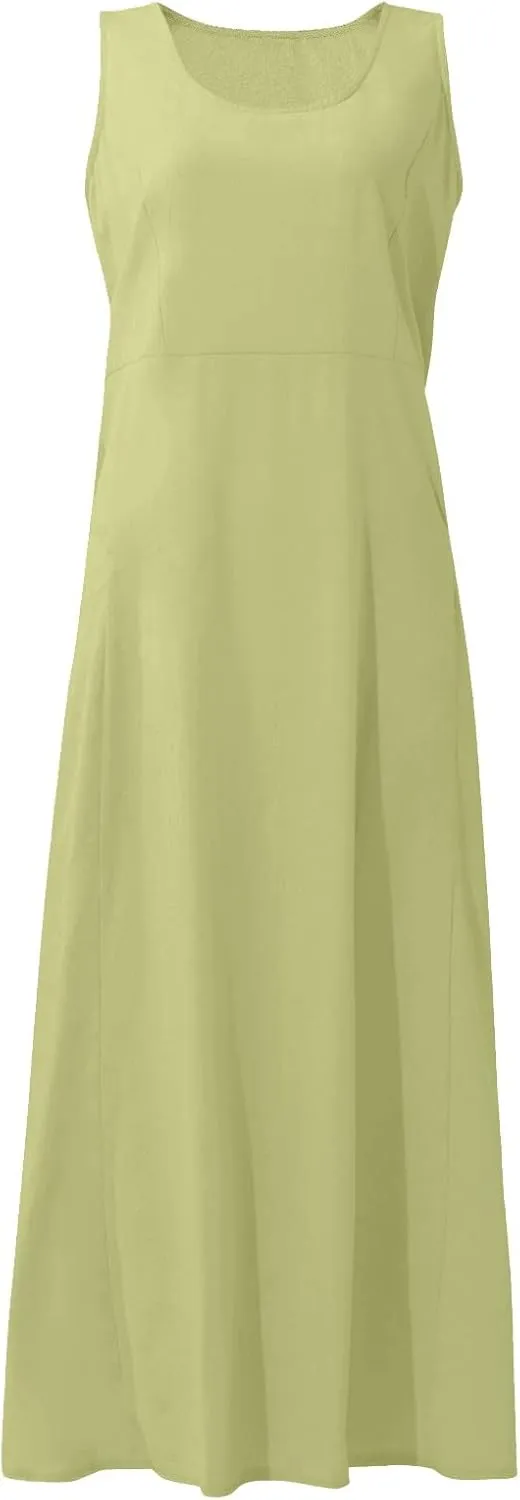 Maxi Dress for Women,2024 Summer Trendy Plain Plus Size Cotton Linen Dress,Casual Crewneck Sleeveless Flowy Sundress
